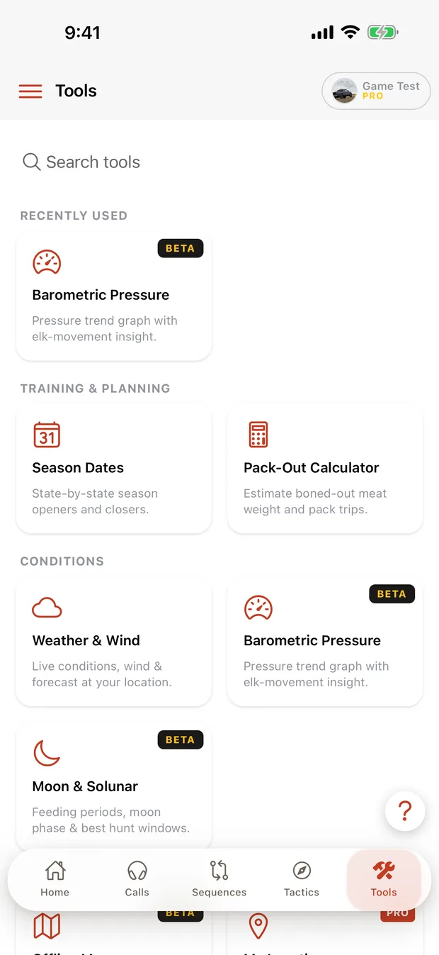 Tools grid — barometric pressure, season dates, pack-out calculator, weather and wind