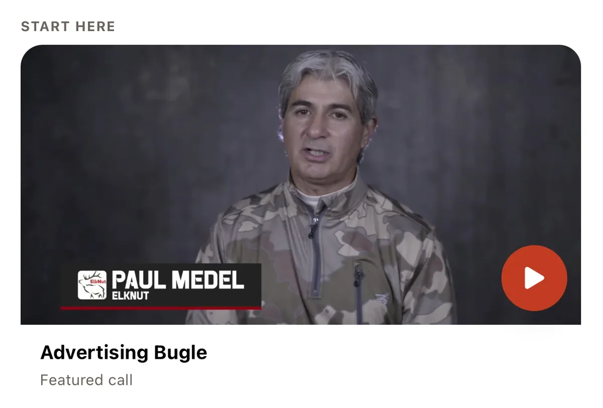 ElkNut's Home screen featuring Paul Medel — The ElkNut — in the week's featured call, Advertising Bugle.