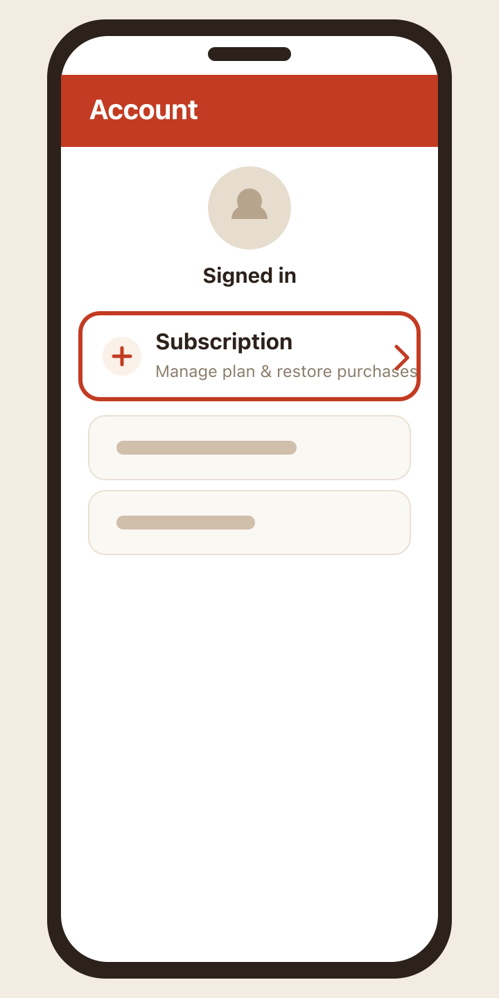 The Account screen with the Subscription row highlighted