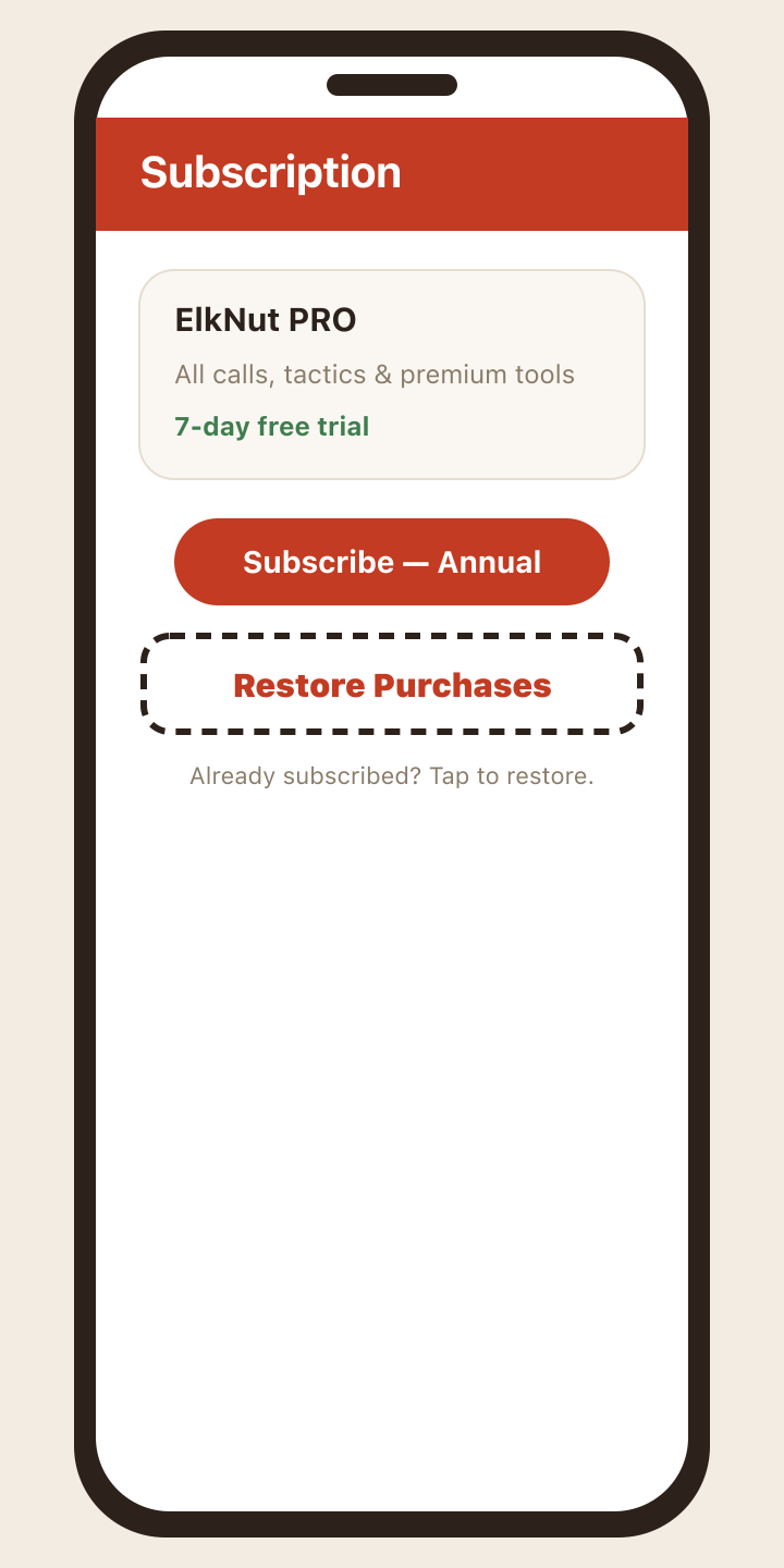 The Subscription screen with the Restore Purchases button highlighted