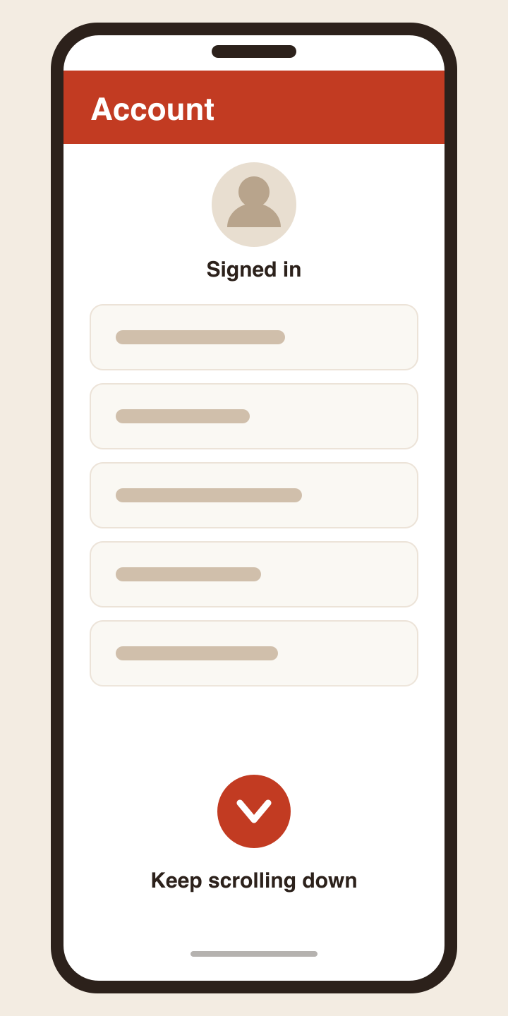 The ElkNut Account page with a prompt to keep scrolling down the list